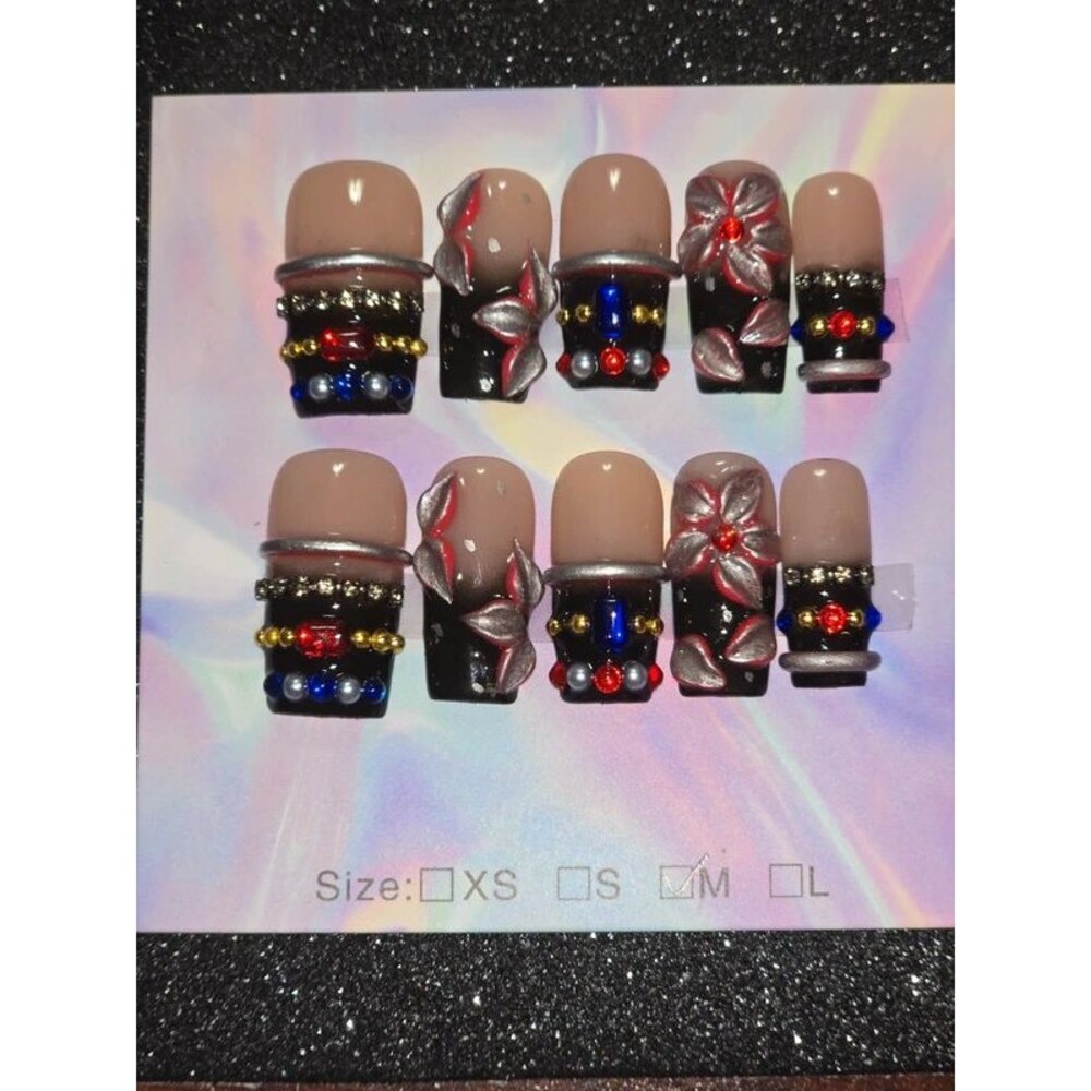 Elegant Black French Tip Nails with 3D Flowers, RedBlue Rhinestones | Med Square